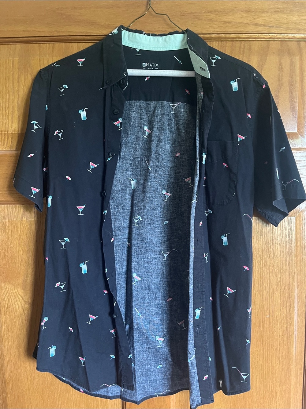 Matix Black Short-Sleeve Button-Up Shirt with Cocktail Print